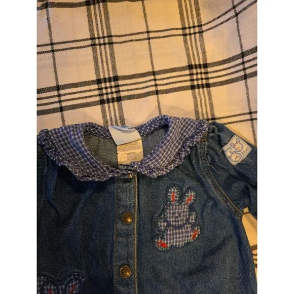 Vintage Little Me Jean Denim 6 Month Bunny Rabbit Plaid Ruffle Outfit Romper...